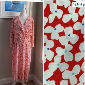Vintage 80s Act 1 New York Red Cream MIDI Spring Floral 3/4 Sleeve Pleated Dress